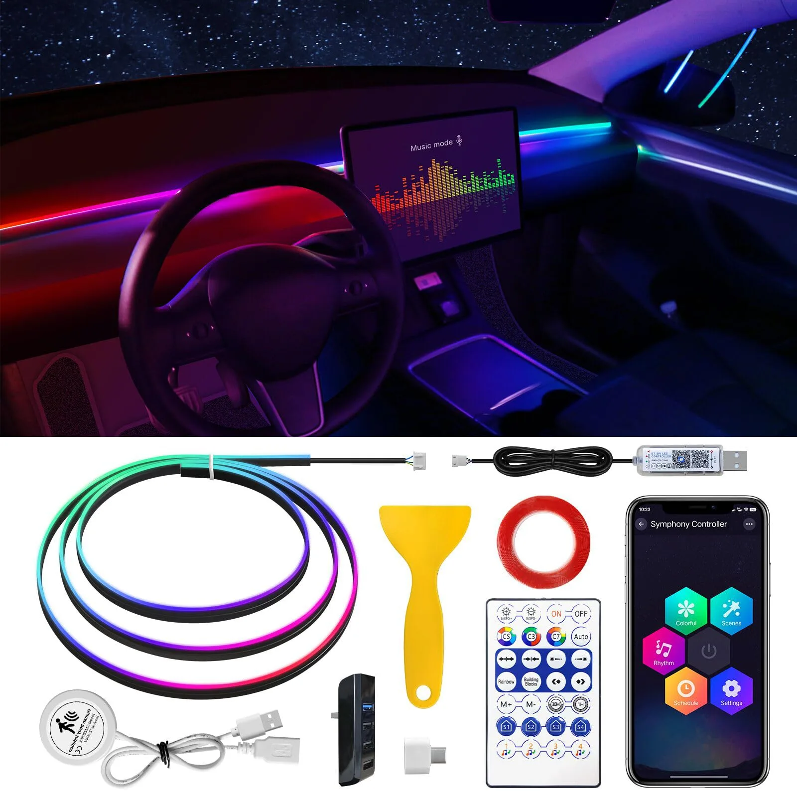 Ambientowe LED oświetlenie wnętrza auta TWETIZ RGB 12V 18V z aplikacją