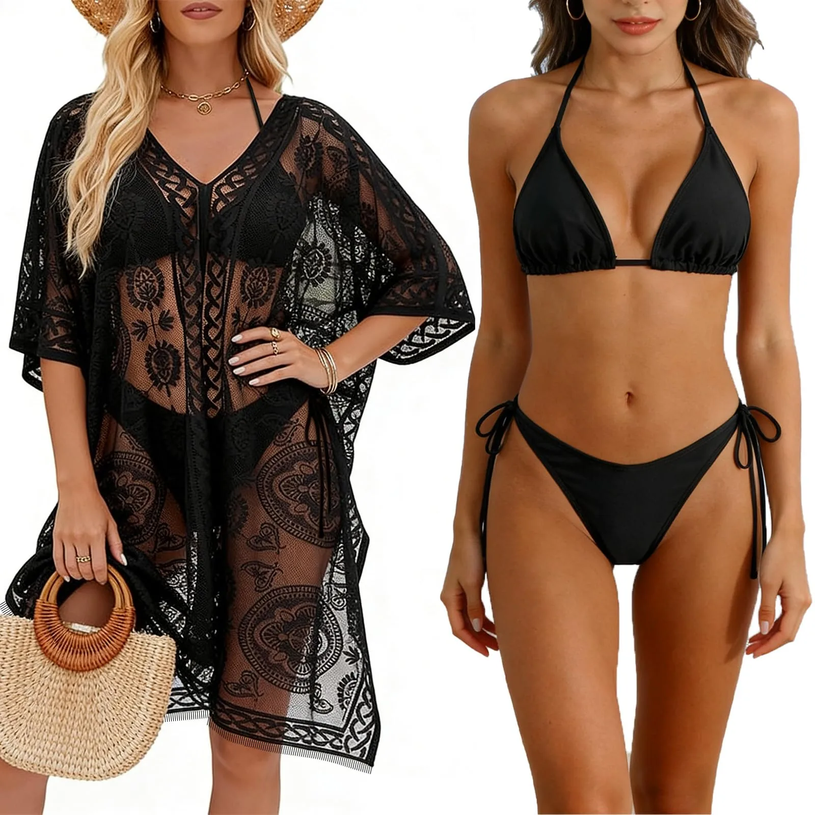 Dwuczęściowy zestaw bikini z koronkową, prześwitującą narzutką, czarny, S, 3-częściowy