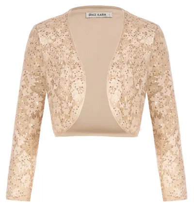 Damskie cekinowe bolero GRACE KARIN w kolorze morelowym, XL, z rękawem 3/4