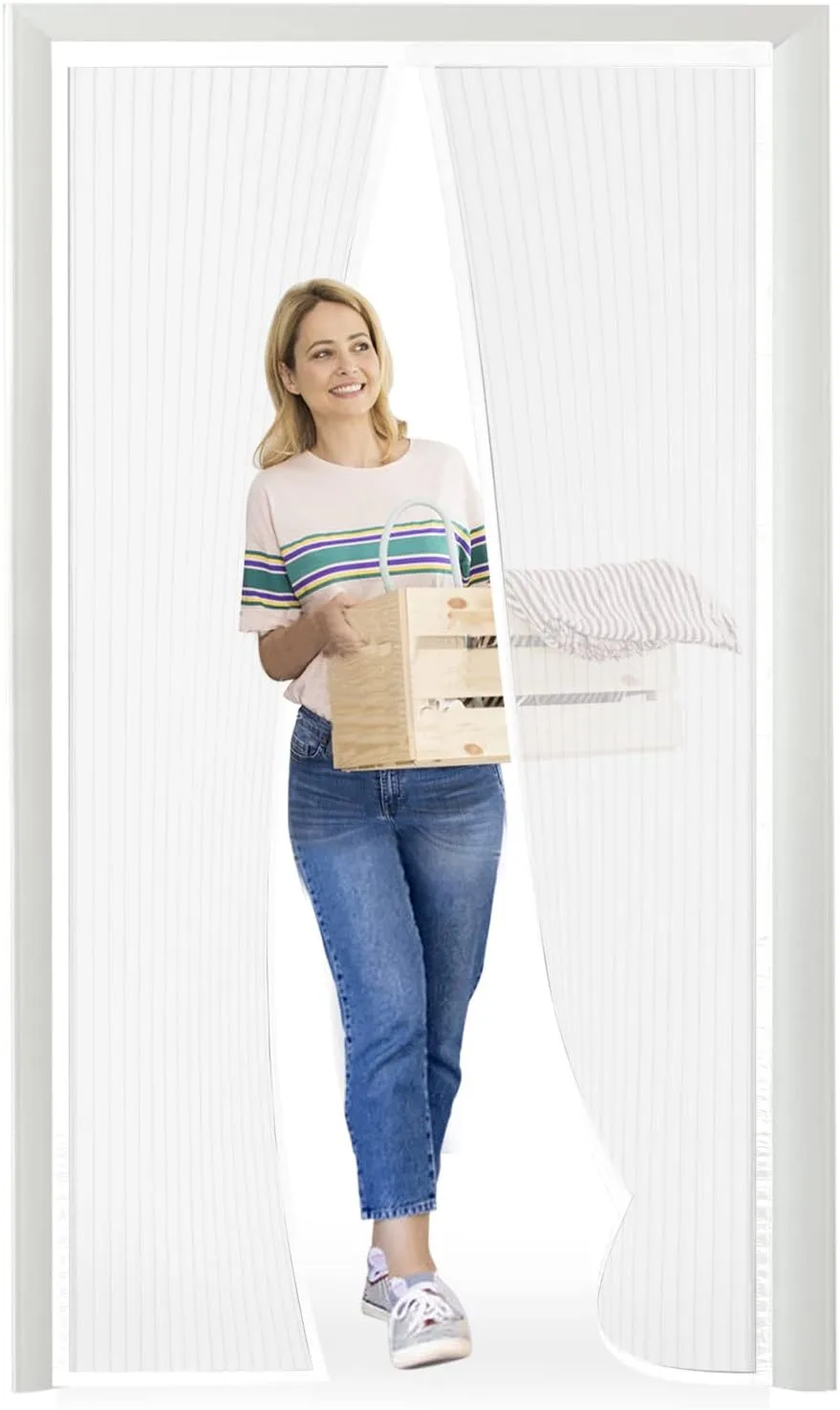 Siatka magnetyczna na drzwi przeciw owadom 155×220 cm biała bez wiercenia