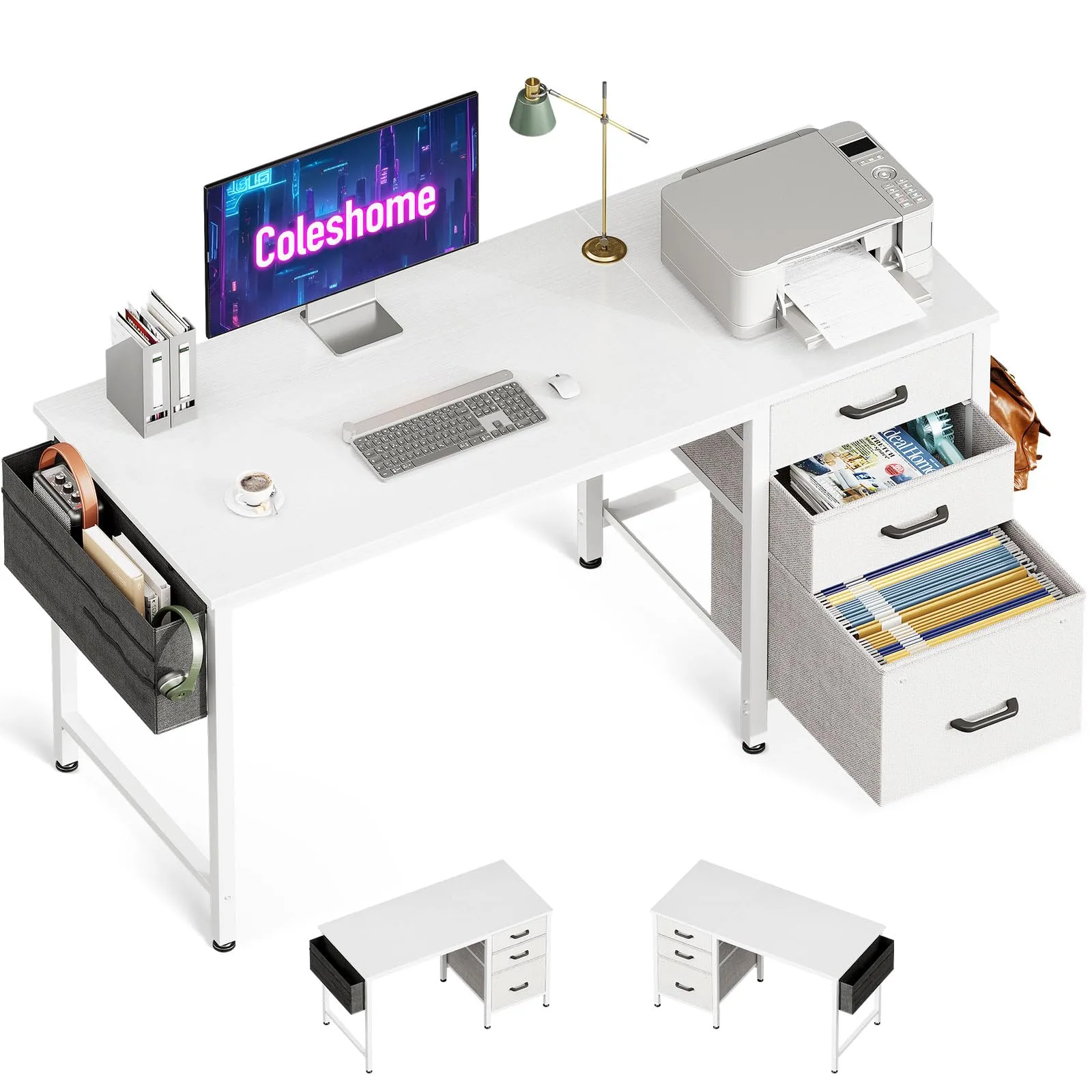 Coleshome biurko z 3 szufladami 120 × 48 cm, białe