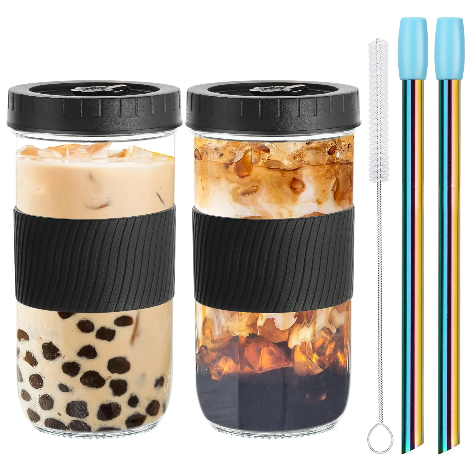 Szklane szklanki do bubble tea RHtvrll 710 ml, 2 szt. z pokrywkami i słomkami
