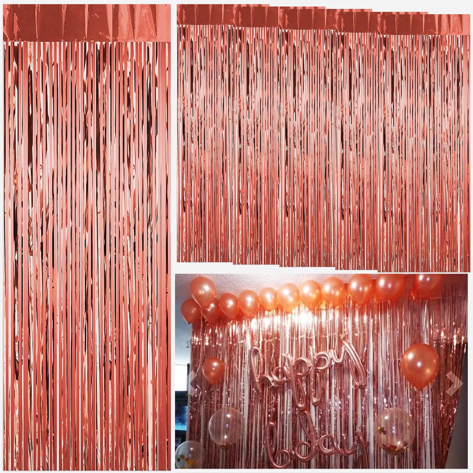 Błyszczące zasłony z folii 1 × 2 m, różowe złoto, 6 szt.
