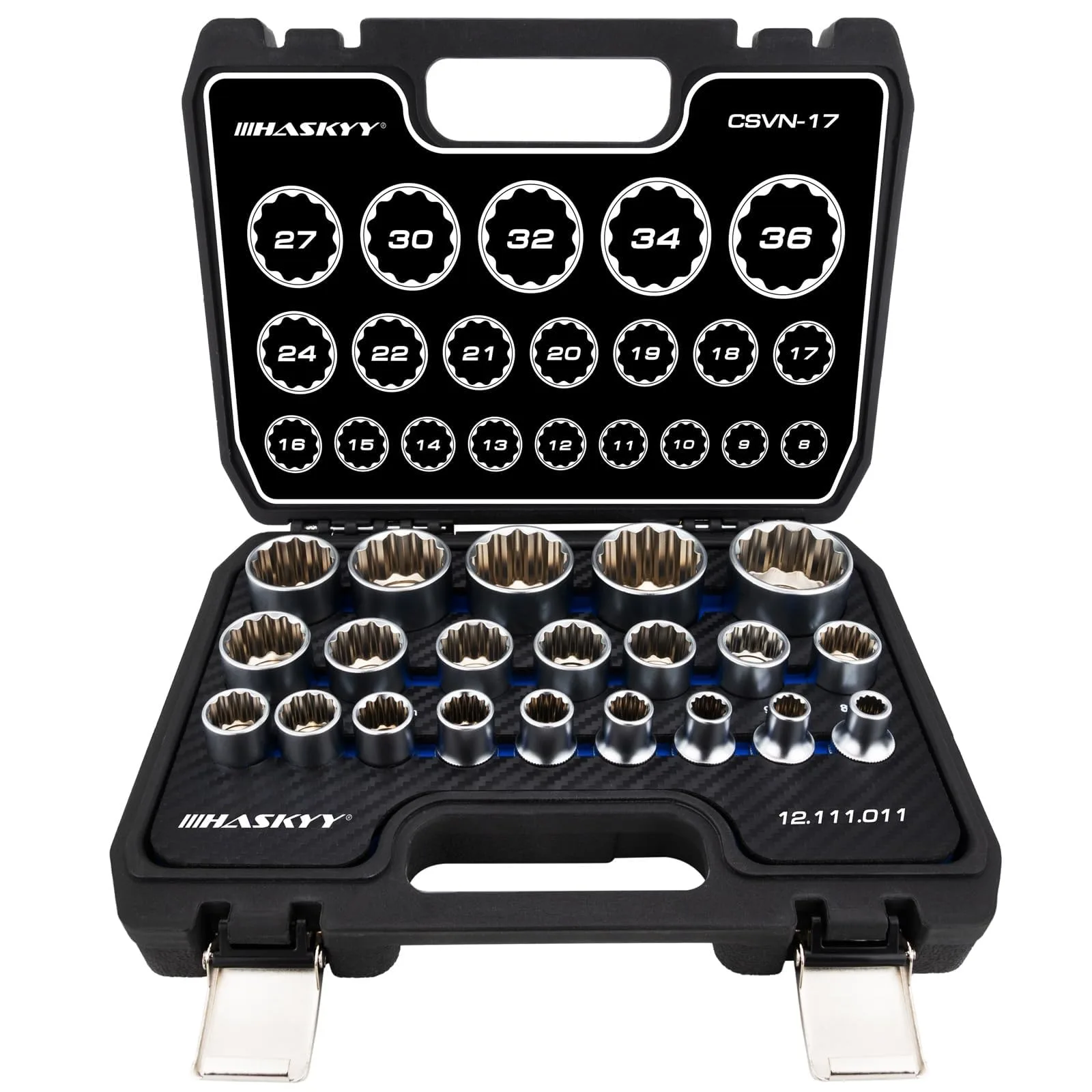 Zestaw wieloprofilowych nasadek HASKYY 1/2″ 8–36 mm, 21 szt. w walizce