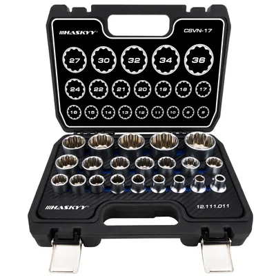 Zestaw wieloprofilowych nasadek HASKYY 1/2″ 8–36 mm, 21 szt. w walizce