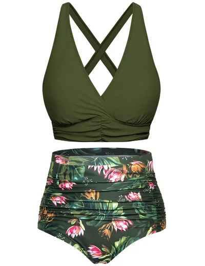 Dwuczęściowe bikini Voqeen z wysokim stanem, oliwkowe XL