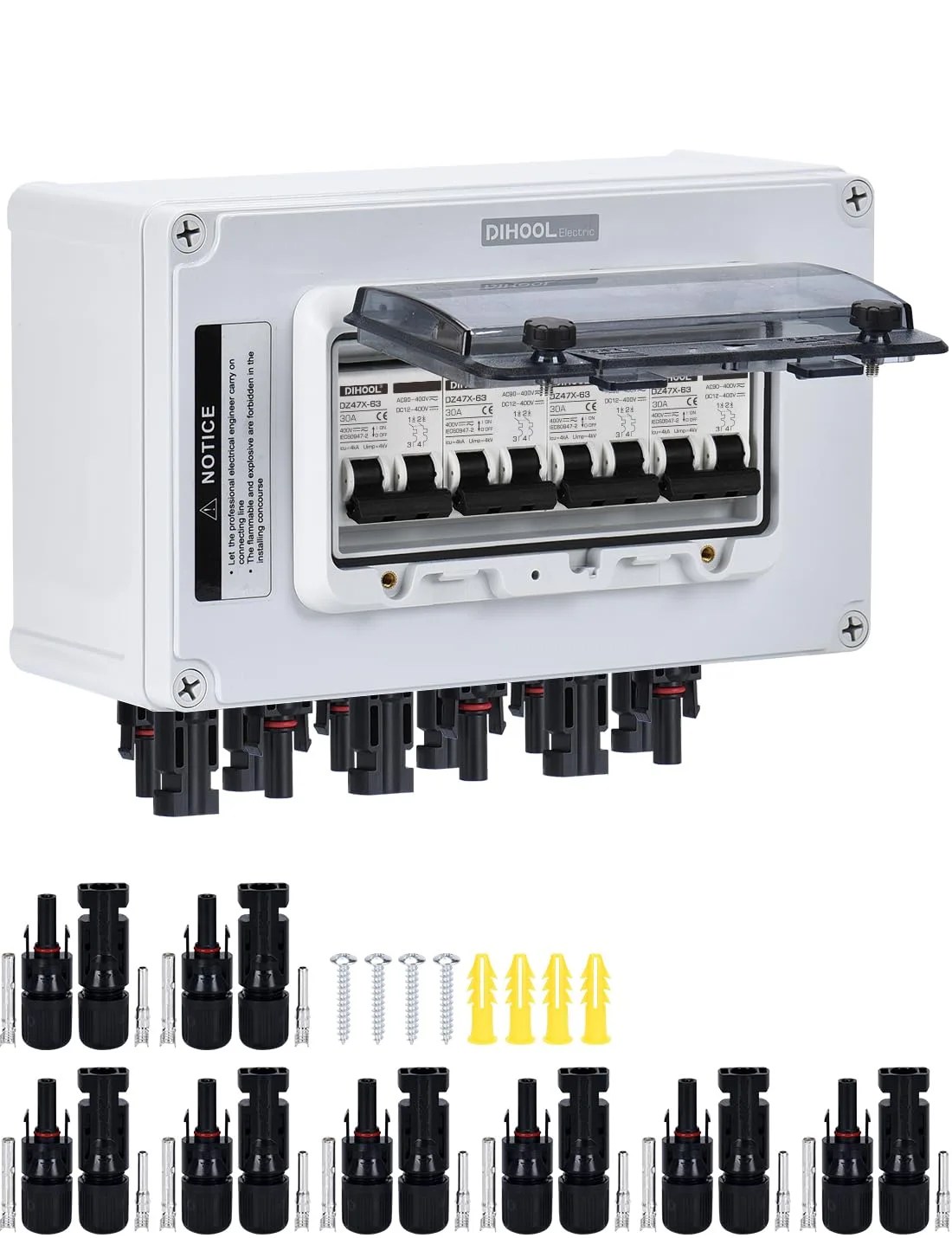 Wyłącznik DC DIHOOL DHO-AGPM-2S-30A 2P 12–400V IP67, 2 wejścia i 2 wyjścia