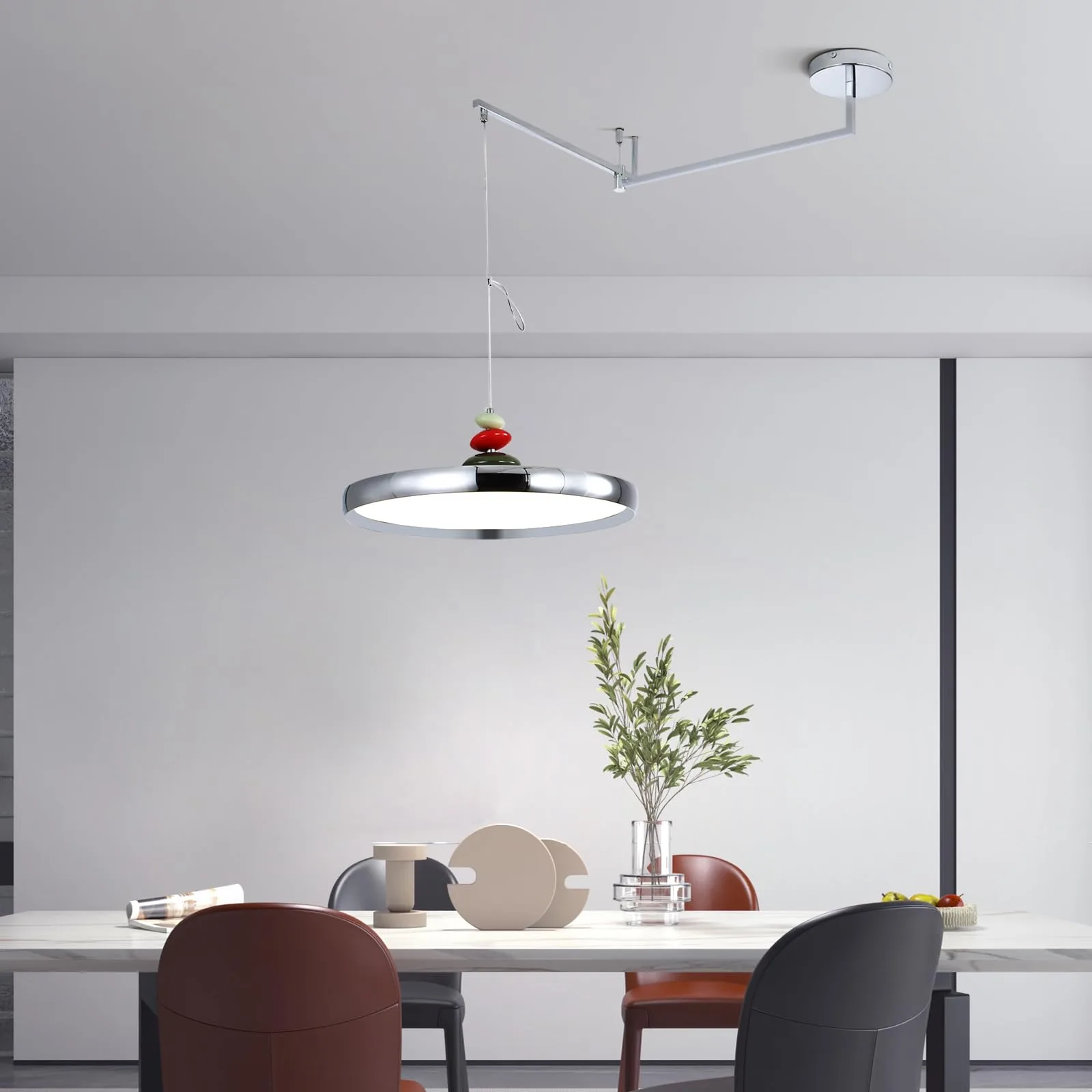 Regulowana LED wisząca lampa z obrotowym ramieniem, biała