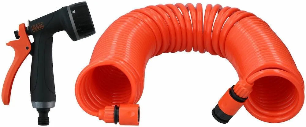 Sprężynowy wąż ogrodowy BLACK+DECKER o długości 15 m z pistoletem
