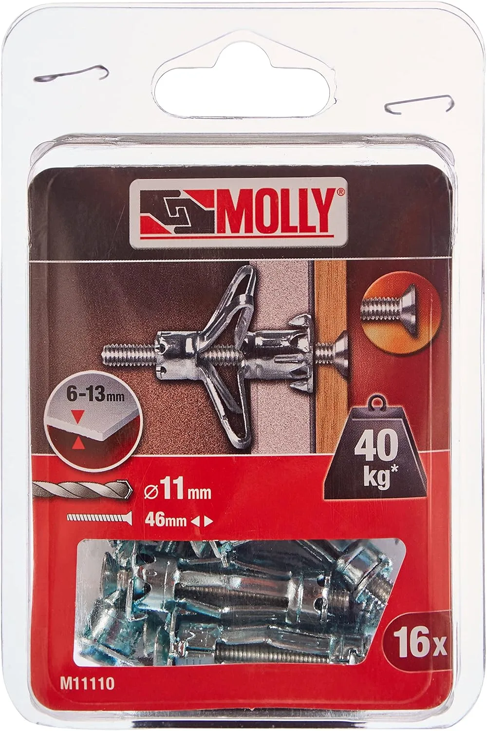 Kołki M11110-XJ, 16 szt., śruba M5×46 mm PH2, korpus 36 mm, wiertło Ø11 mm, do materiałów o grubości 6–13 mm