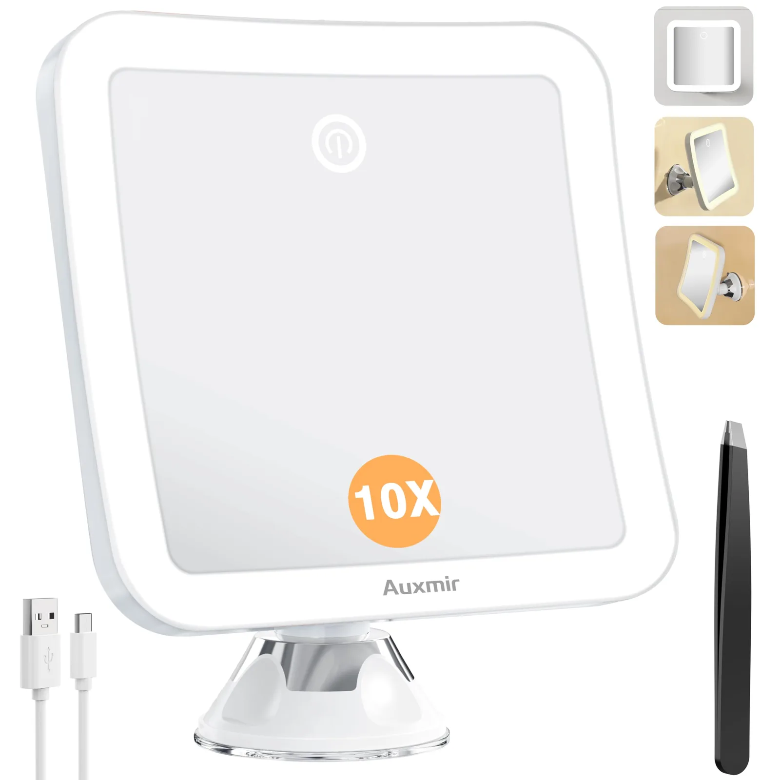 Kosmetyczne LED lustro Auxmir 20× z przyssawką, białe